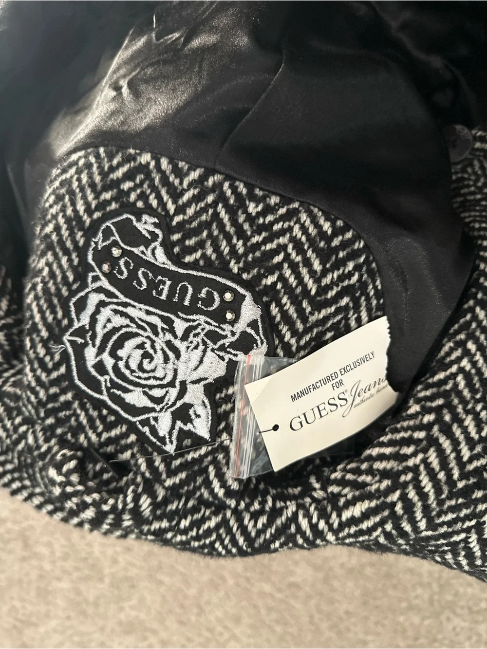Guess Black and White Herringbone Hooded Fit-and-Flare Dress Coat
